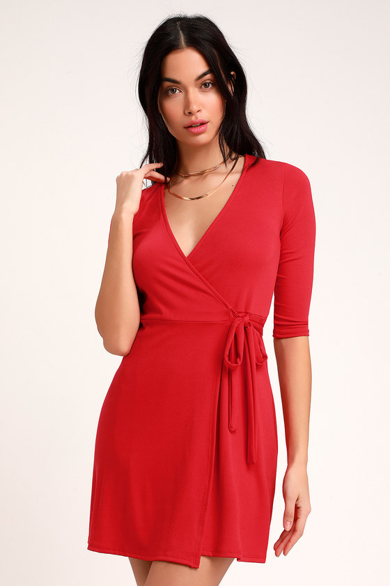 Cute Red Wrap Dress - Three-Quarter Sleeve Wrap Dress - Lulus